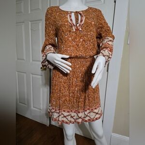 American Eagle Outfitters Brown and Cream Sundress with Bishop Sleeves